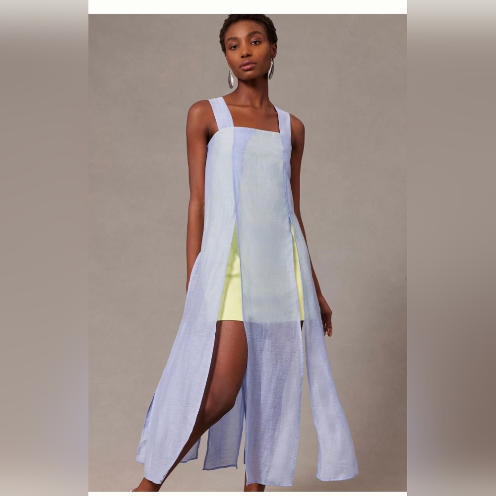 Anthropologie Lavender And Lime Square Neck Slit Dress - Picture 1 of 11